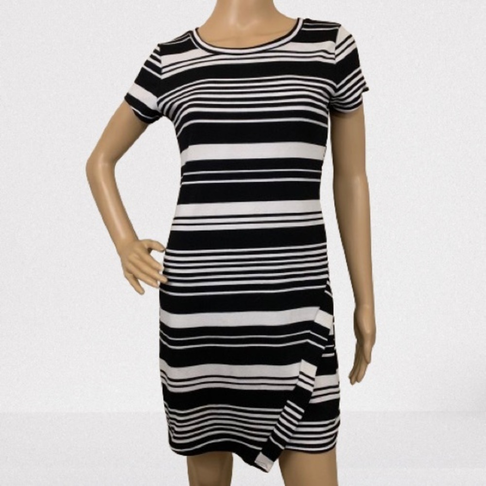 Pink Rose Black White Striped Asymmetrical Mini Dress Size S